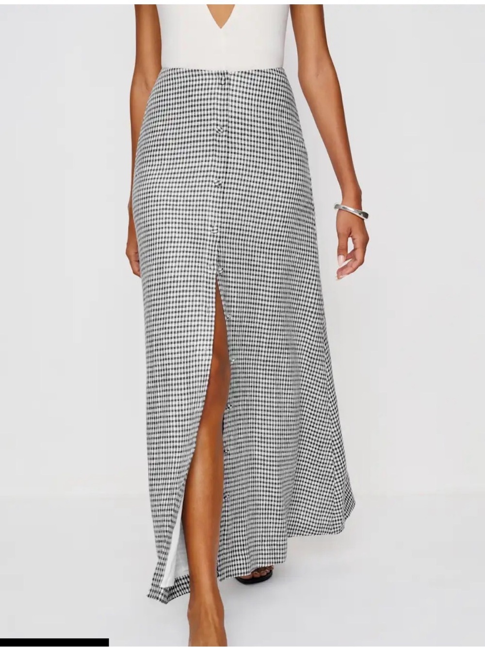 Reformation Andi Linen Maxi Skirt Remy Check Size 2 New Black & White